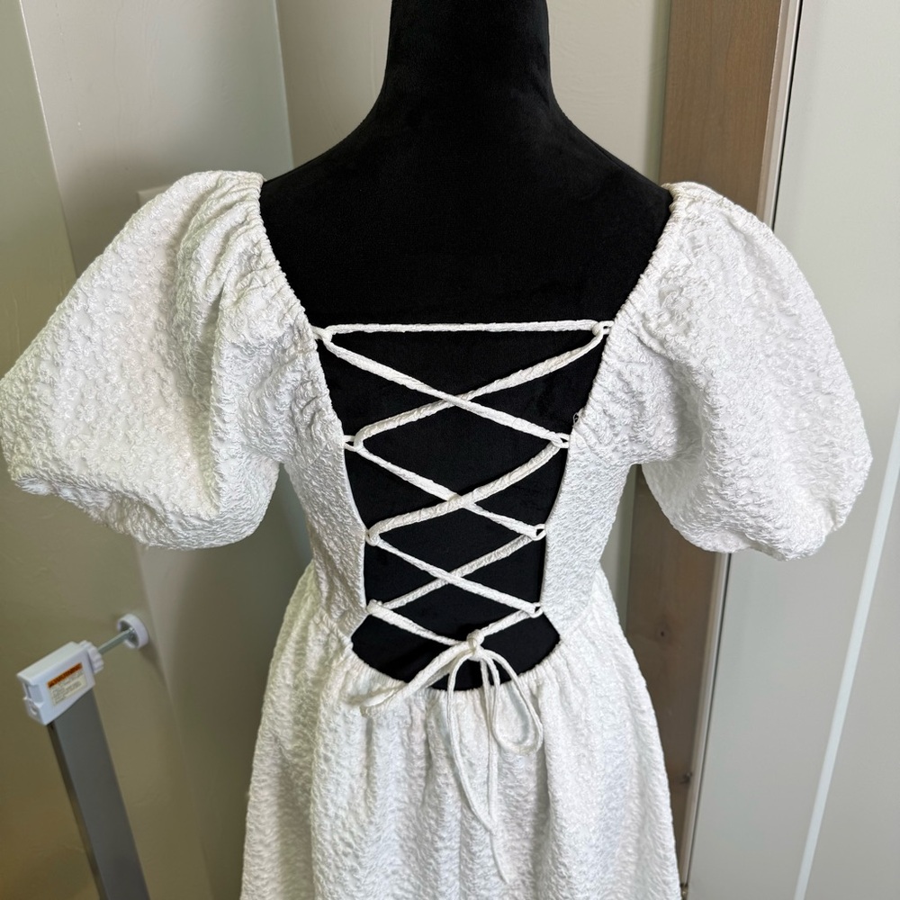Lulus Puff Sleeve Midi Dress Floral Textured Corset Tie Back Stretch Bridal M - Picture 8 of 11
